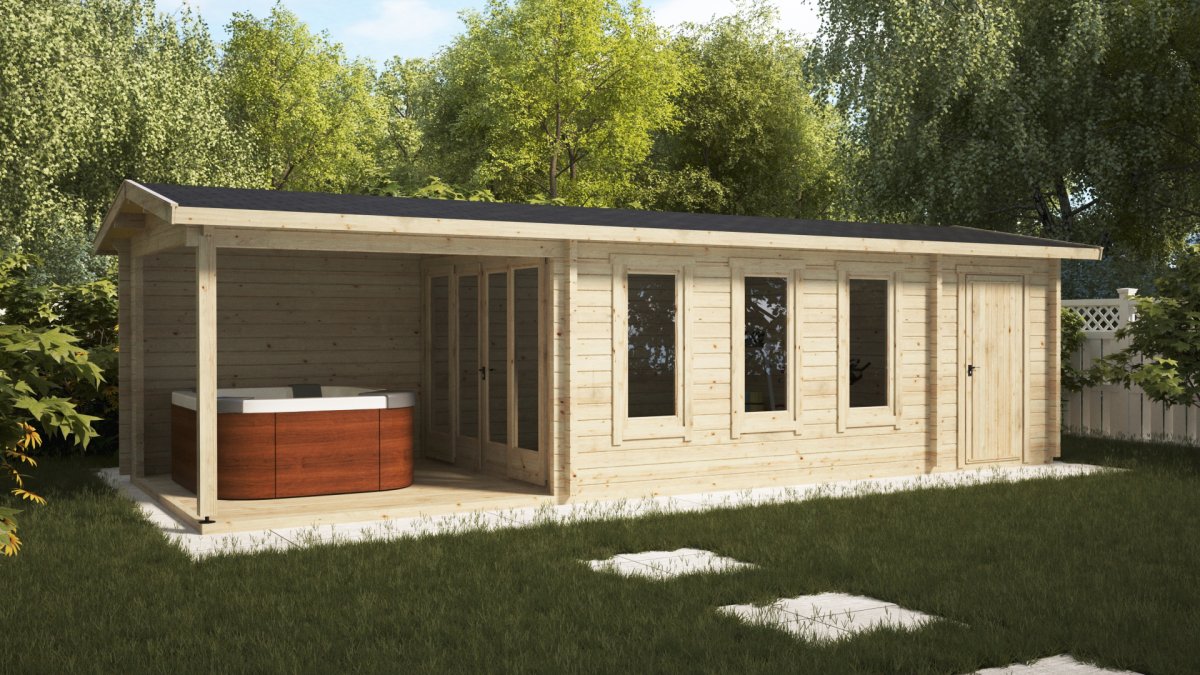 Szaunaház terasszal és szerszámtárolóval